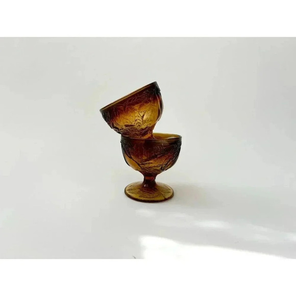 Vintage Brown + Gold set of 2 Glass Tiara Sweet Pear Amber Sherbert Dessert Cups - Picture 6 of 10